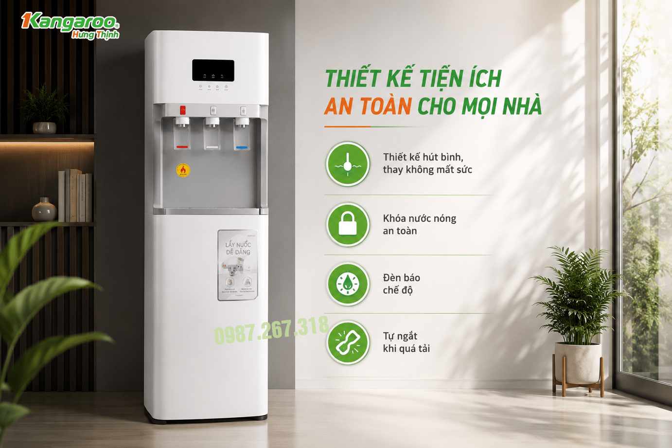 Cây nước nóng lạnh Kangaroo KGWD03WT1D thiết kế tiện ích an toàn